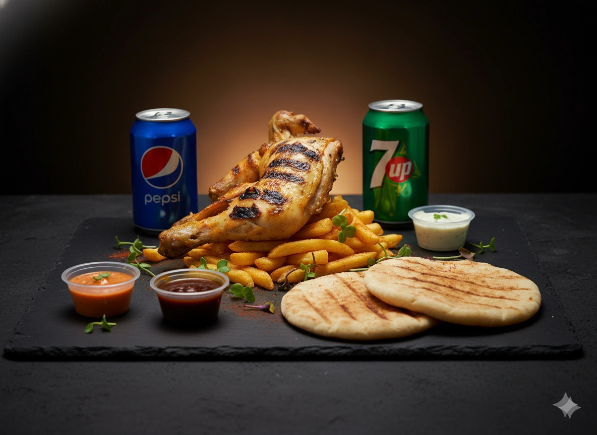 Twin platter with grilled chicken, wings, fries and drinks