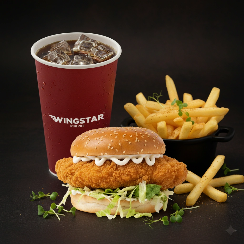 Fried fillet burger meal with fries and drink